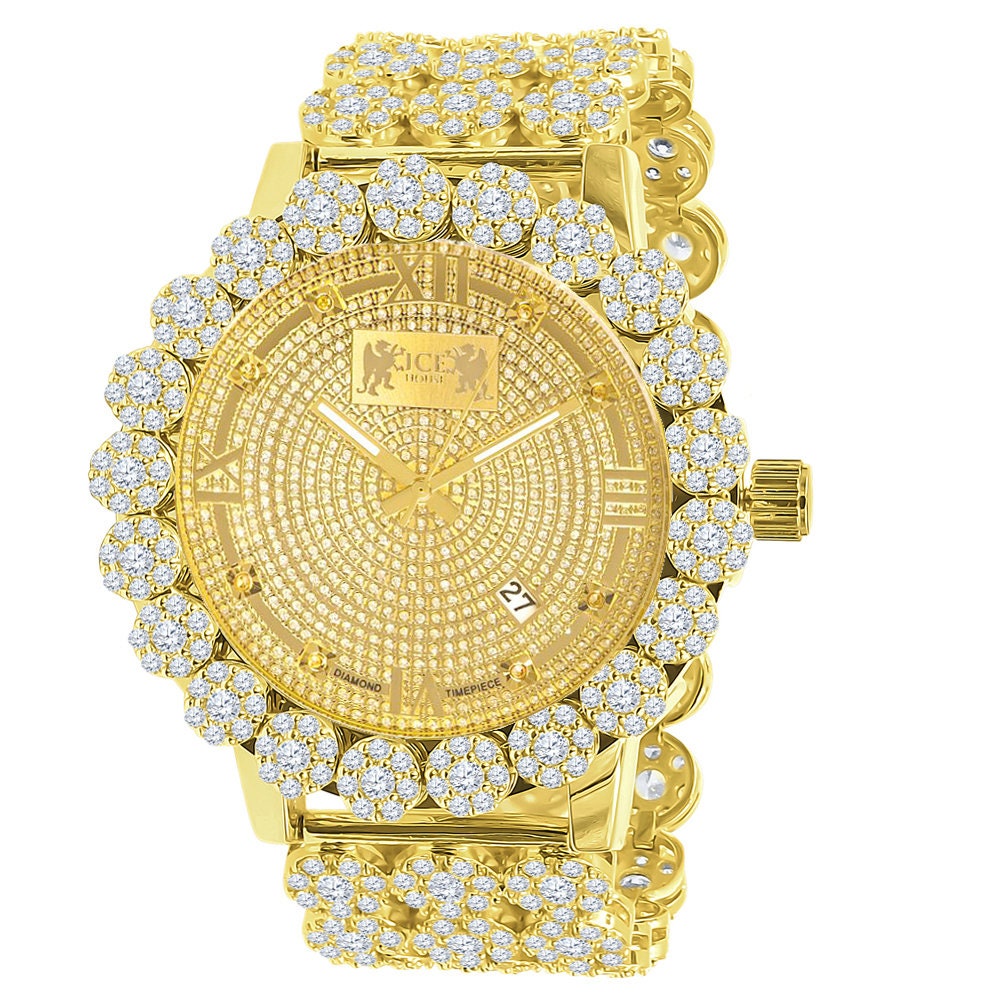 Roman Face 18k Yellow Gold Finish Simulated Diamond 5 ATM Water Resistant Solid Steel Back Flower Bezel Band Men's Watch Big 55mm W/Date