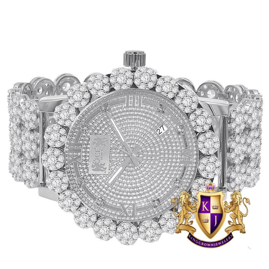Roman Face 18k White Gold Finish Simulated Diamond 5 ATM Water Resistant Solid Steel Back Flower Bezel Band Men's Watch Big 55mm W/Date