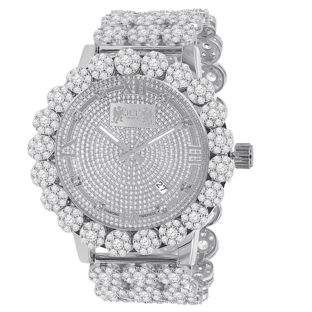 Roman Face 18k White Gold Finish Simulated Diamond 5 ATM Water Resistant Solid Steel Back Flower Bezel Band Men's Watch Big 55mm W/Date