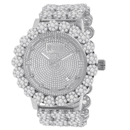 Roman Face 18k White Gold Finish Simulated Diamond 5 ATM Water Resistant Solid Steel Back Flower Bezel Band Men's Watch Big 55mm W/Date