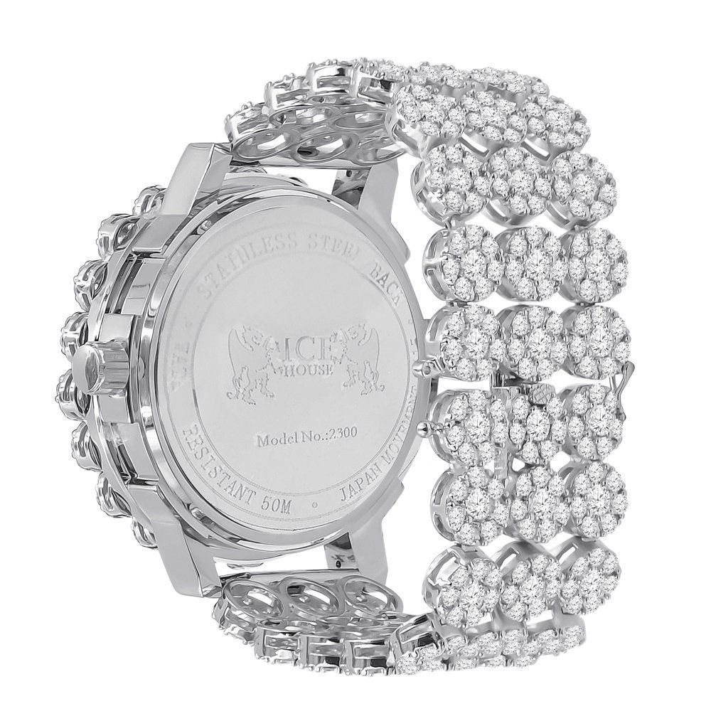 Roman Face 18k White Gold Finish Simulated Diamond 5 ATM Water Resistant Solid Steel Back Flower Bezel Band Men's Watch Big 55mm W/Date