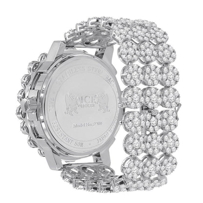 Roman Face 18k White Gold Finish Simulated Diamond 5 ATM Water Resistant Solid Steel Back Flower Bezel Band Men's Watch Big 55mm W/Date