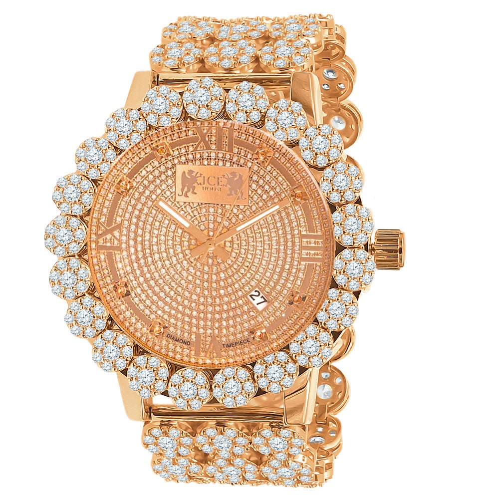 Roman Face 18k Rose Gold Finish Simulated Diamond 5 ATM Water Resistant Solid Steel Back Flower Bezel Band Men's Watch Big 55mm W/Date