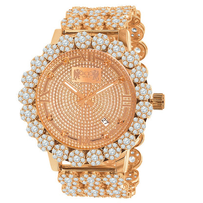 Roman Face 18k Rose Gold Finish Simulated Diamond 5 ATM Water Resistant Solid Steel Back Flower Bezel Band Men's Watch Big 55mm W/Date