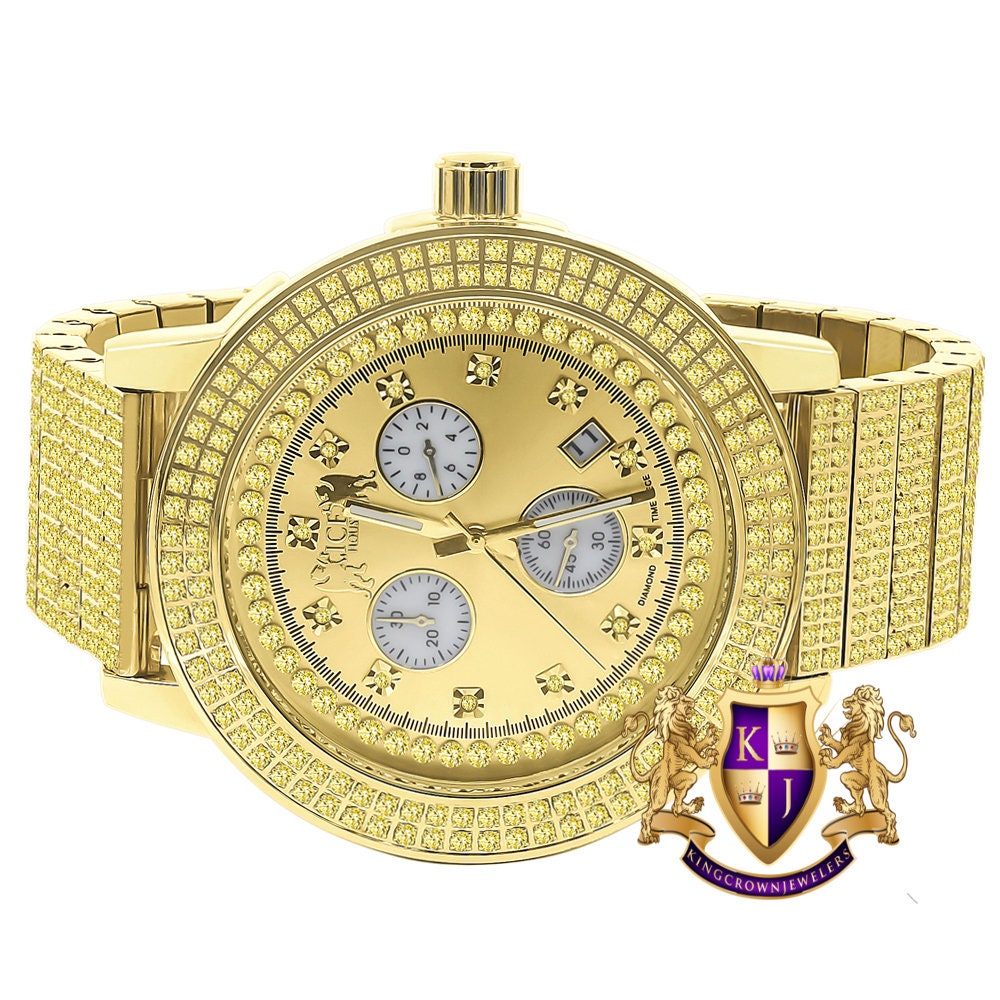 Full Solid Stainless Steel Lemonade Canary Citrine 18K Gold Finish Simulated Diamond 5 ATM Water Resistant Men's Watch With Date Function