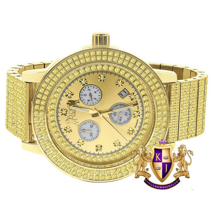 Full Solid Stainless Steel Lemonade Canary Citrine 18K Gold Finish Simulated Diamond 5 ATM Water Resistant Men's Watch With Date Function