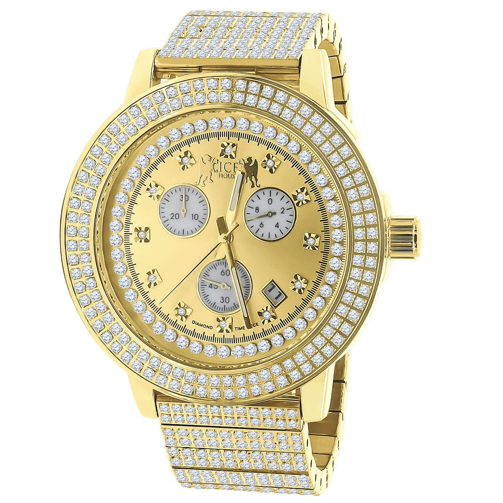 Full Solid Stainless Steel Lemonade 18K Gold Yellow Finish Simulated Diamond 5 ATM Water Resistant Men's Watch With Date Function Big 54 MM