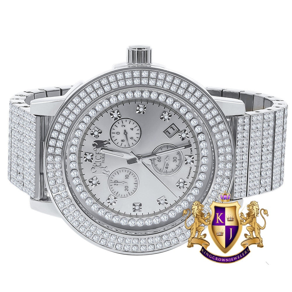 Full Solid Stainless Steel Lemonade 18K White Gold Finish Simulated Diamond 5 ATM Water Resistant Men's Watch With Date Function Big 54 mm