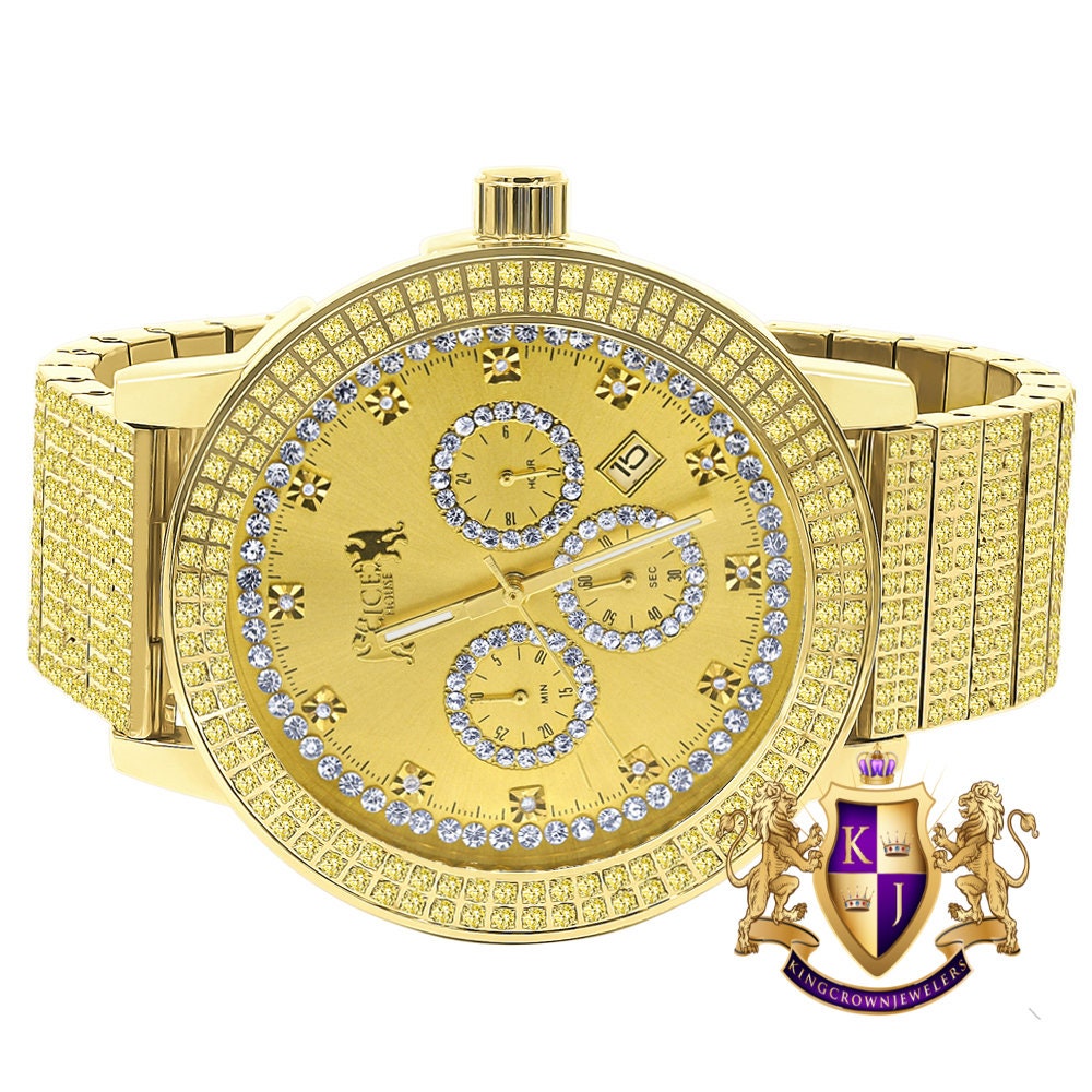 Men's Full Solid Stainless Steel Lemonade Canary Citrine 18K Gold Finish Simulated Diamond 5 ATM Water Resistant Watch With Date Function