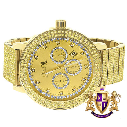 Men's Full Solid Stainless Steel Lemonade Canary Citrine 18K Gold Finish Simulated Diamond 5 ATM Water Resistant Watch With Date Function