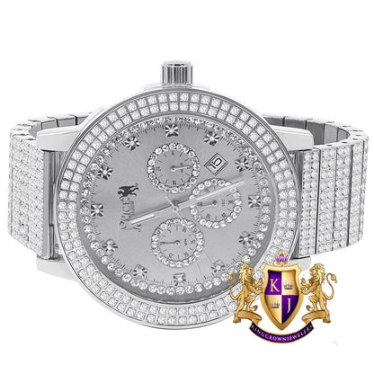 Full Solid Stainless Steel 18K White Gold Finish Simulated Diamond 5 ATM Water Resistant Men's Luxury Watch With Date Function Big 54 mm