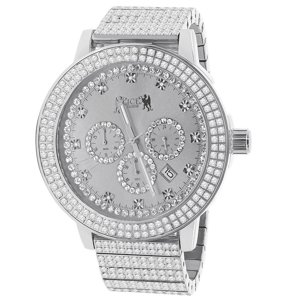 Full Solid Stainless Steel 18K White Gold Finish Simulated Diamond 5 ATM Water Resistant Men's Luxury Watch With Date Function Big 54 mm