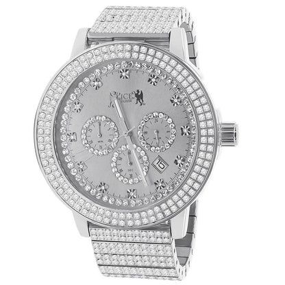 Full Solid Stainless Steel 18K White Gold Finish Simulated Diamond 5 ATM Water Resistant Men's Luxury Watch With Date Function Big 54 mm
