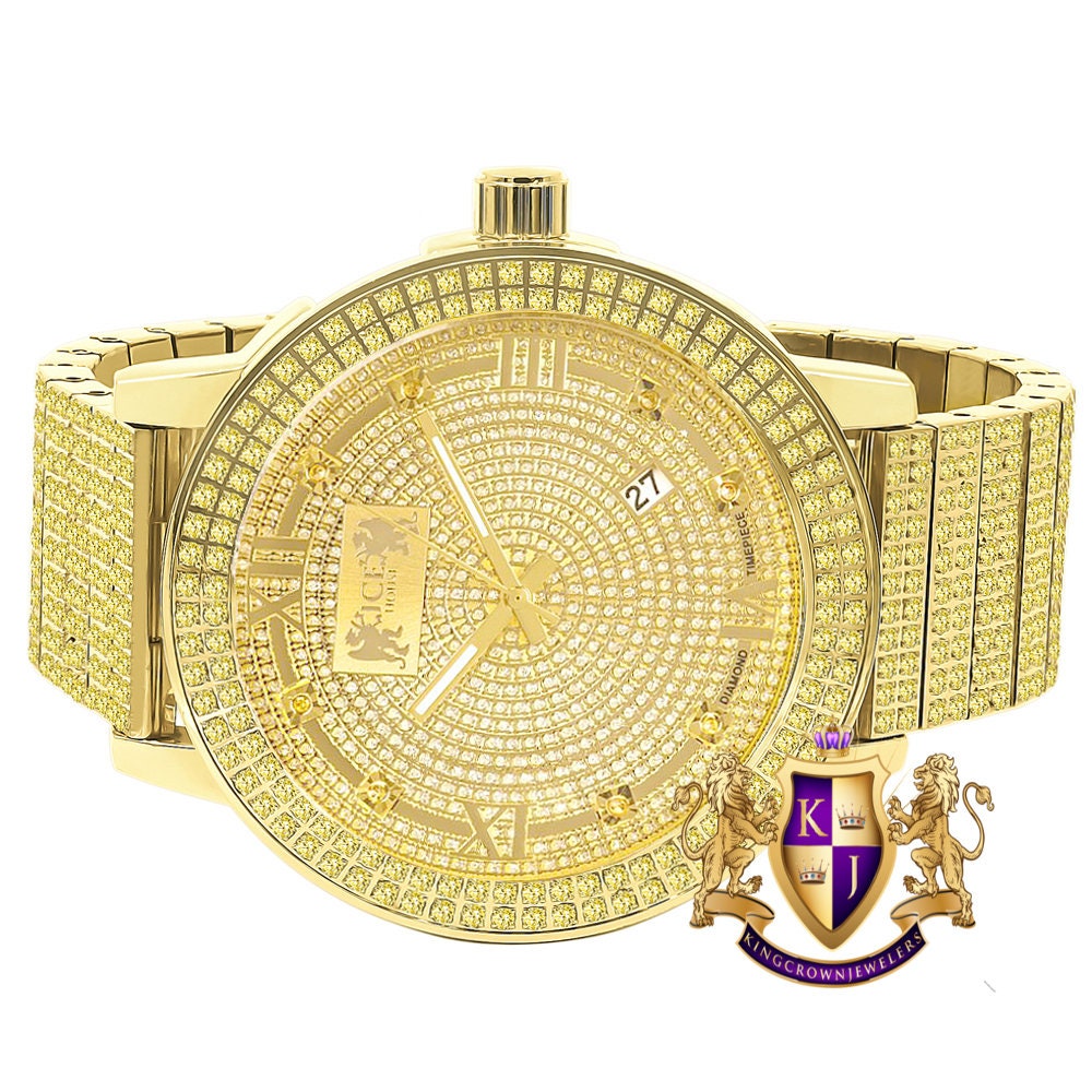 Canary Full Solid Stainless Steel Real Diamond Dial 18K Gold Finish 5 ATM Water Resistant Men's Custom Luxury Watch W/Date Function XL 54mm