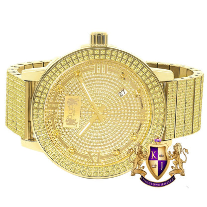 Canary Full Solid Stainless Steel Real Diamond Dial 18K Gold Finish 5 ATM Water Resistant Men's Custom Luxury Watch W/Date Function XL 54mm