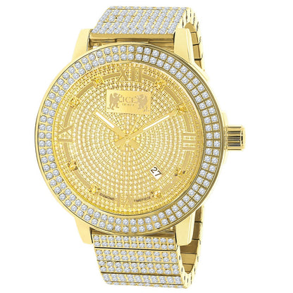 Full Solid Stainless Steel Real Diamond Dial 18K Yellow Gold Finish 5 ATM Water Resistant Men's Custom Luxury Watch W/Date Function Big 54mm