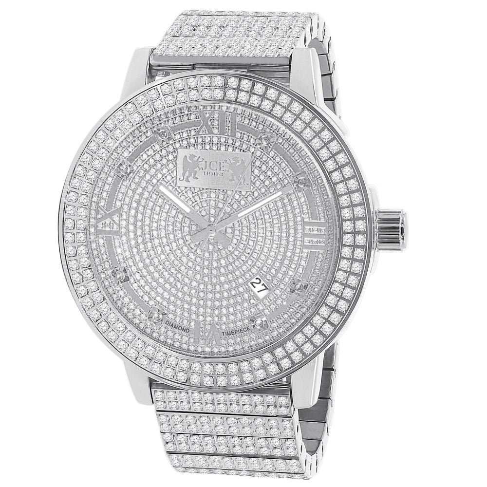Full Solid Stainless Steel Real Diamond Dial 18K White Gold Finish 5 ATM Water Resistant Men's Custom Luxury Watch W/Date Function Big 54mm