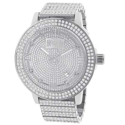 Full Solid Stainless Steel Real Diamond Dial 18K White Gold Finish 5 ATM Water Resistant Men's Custom Luxury Watch W/Date Function Big 54mm