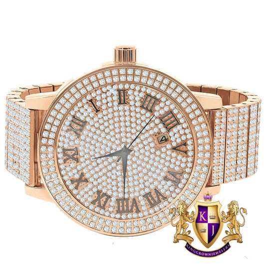 Roman Numeral Dial Face Full Solid Stainless Steel 18K Rose Gold Finish Simulated Diamond Men's Custom Luxury Watch W/Date Big 54 mm