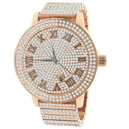 Roman Numeral Dial Face Full Solid Stainless Steel 18K Rose Gold Finish Simulated Diamond Men's Custom Luxury Watch W/Date Big 54 mm
