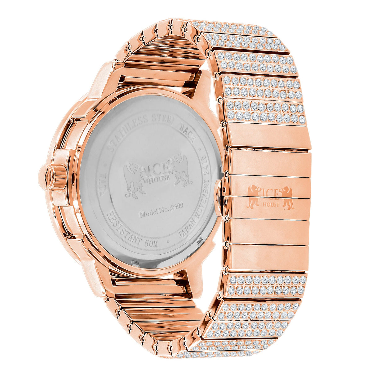 Roman Numeral Dial Face Full Solid Stainless Steel 18K Rose Gold Finish Simulated Diamond Men's Custom Luxury Watch W/Date Big 54 mm
