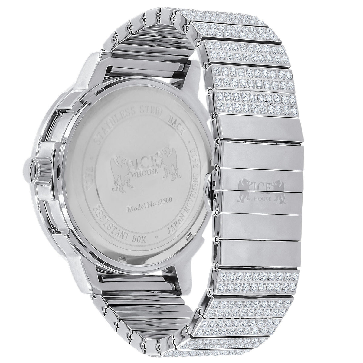 Roman Numeral Dial Face Full Solid Stainless Steel 18K White Gold Finish Simulated Diamond Men's Custom Luxury Watch W/Date Big XL 54 mm