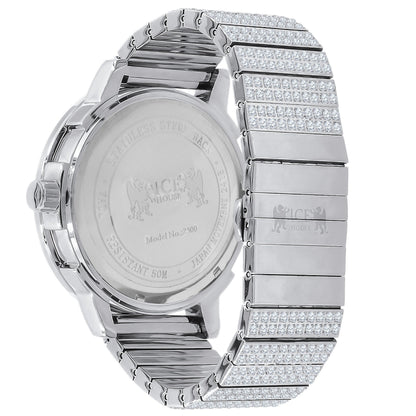 Roman Numeral Dial Face Full Solid Stainless Steel 18K White Gold Finish Simulated Diamond Men's Custom Luxury Watch W/Date Big XL 54 mm