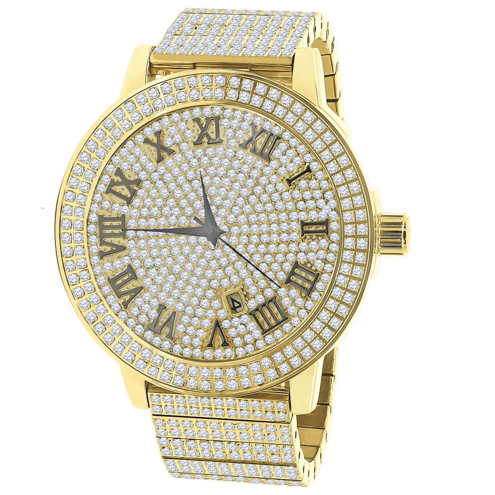 Roman Numeral Dial Face Full Solid Stainless Steel 18K Yellow Gold Finish Simulated Diamond Men's Custom Luxury Watch W/Date Big 54 mm