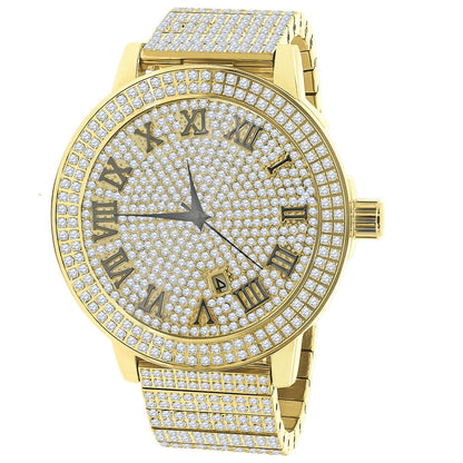 Roman Numeral Dial Face Full Solid Stainless Steel 18K Yellow Gold Finish Simulated Diamond Men's Custom Luxury Watch W/Date Big 54 mm