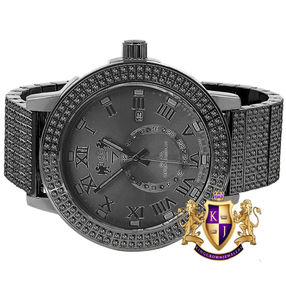 Men's Full Solid Stainless Steel 18K Black Gold Finish Simulated Diamond 5 ATM Water Resistant Custom Watch With Date Function Big 54 mm