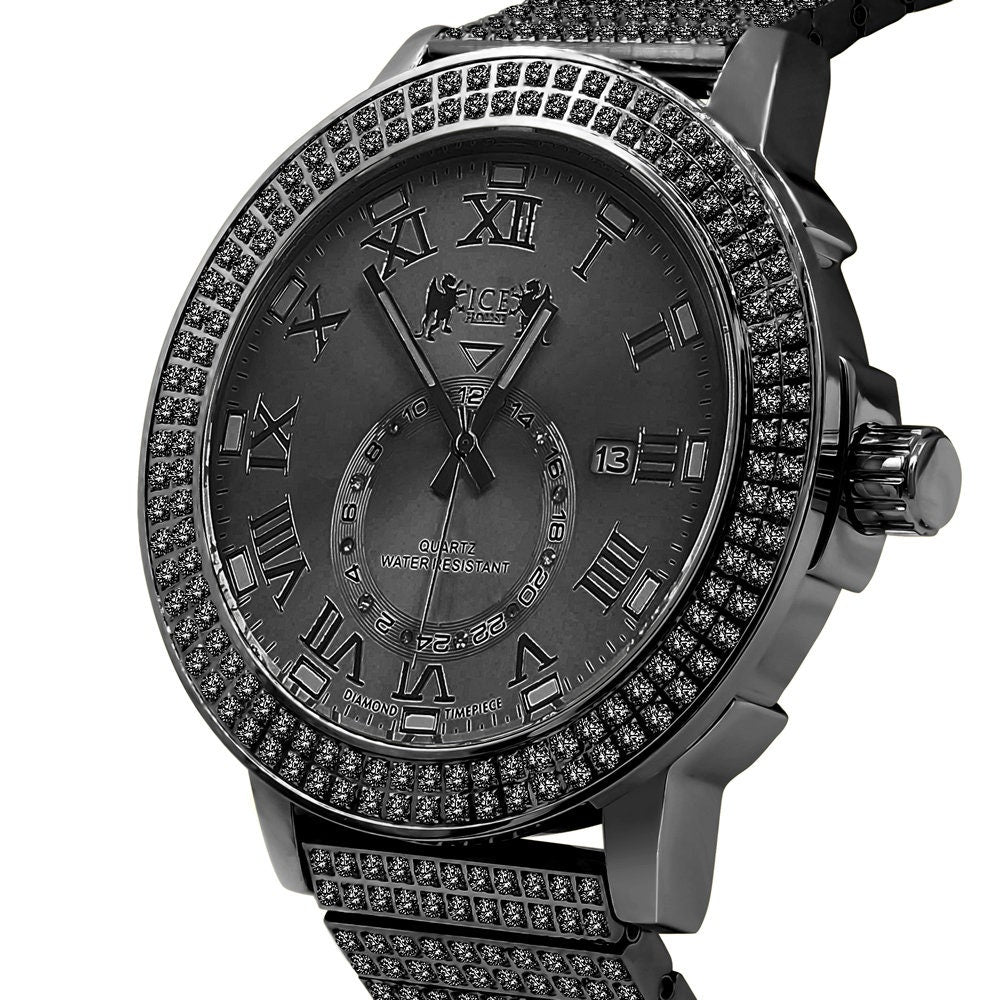 Men's Full Solid Stainless Steel 18K Black Gold Finish Simulated Diamond 5 ATM Water Resistant Custom Watch With Date Function Big 54 mm