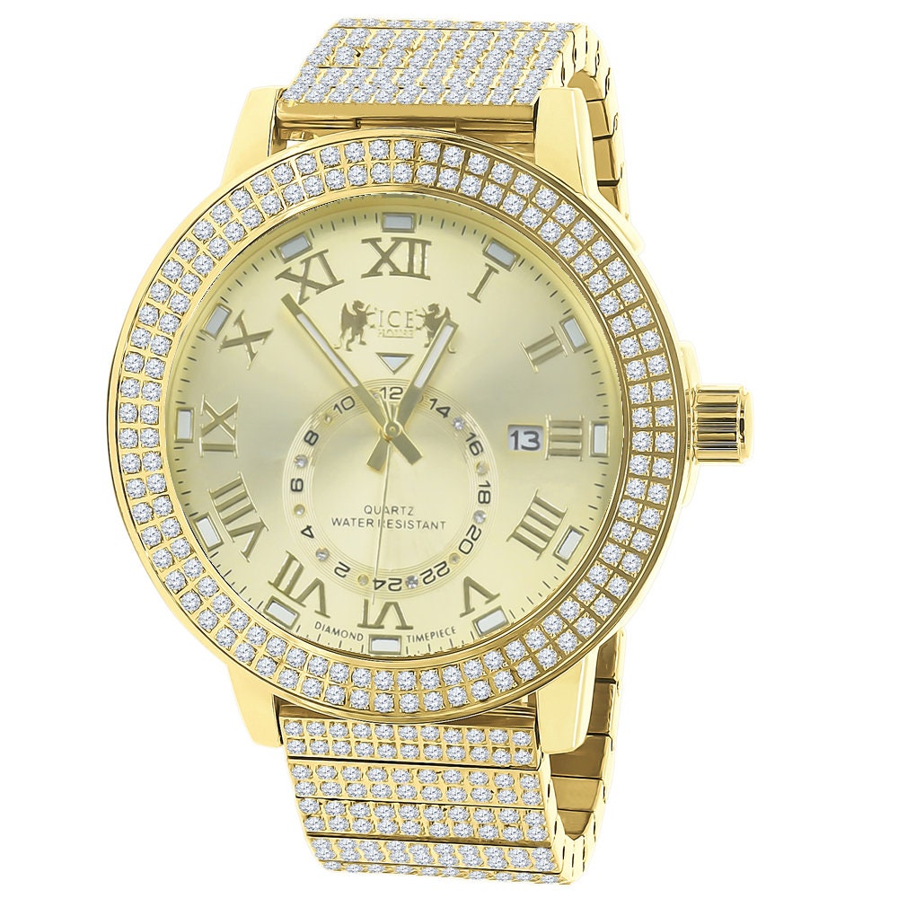 Men's Full Solid Stainless Steel Real Diamond Dial 18K Yellow Gold Finish 5 ATM Water Resistant Custom Luxury Watch W/Date Function Big 54mm