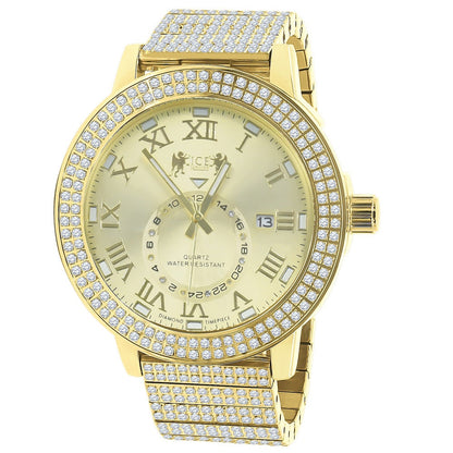 Men's Full Solid Stainless Steel Real Diamond Dial 18K Yellow Gold Finish 5 ATM Water Resistant Custom Luxury Watch W/Date Function Big 54mm
