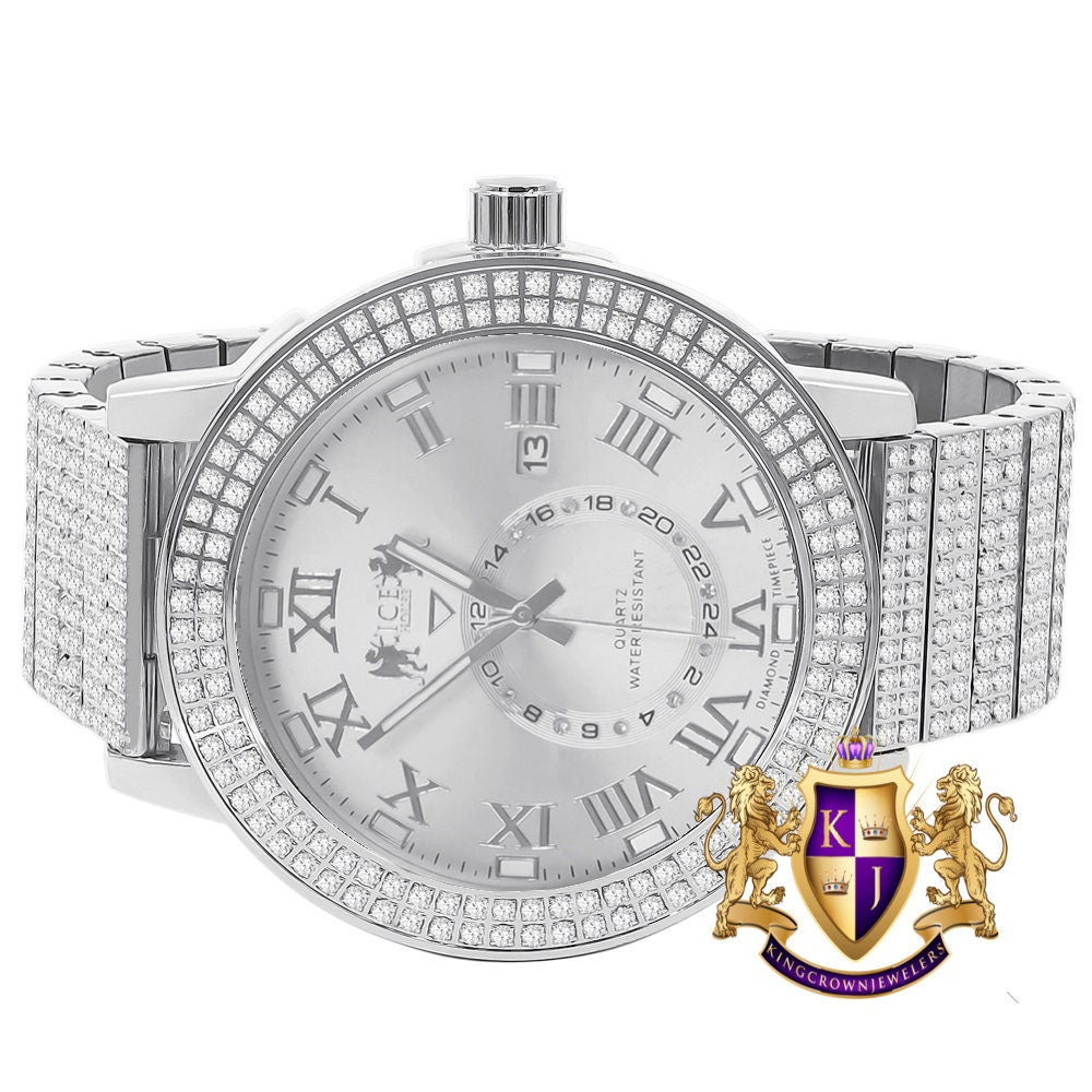 Men's Full Solid Stainless Steel Real Diamond Dial 18K White Gold Finish 5 ATM Water Resistant Custom Luxury Watch W/Date Function Big 54mm