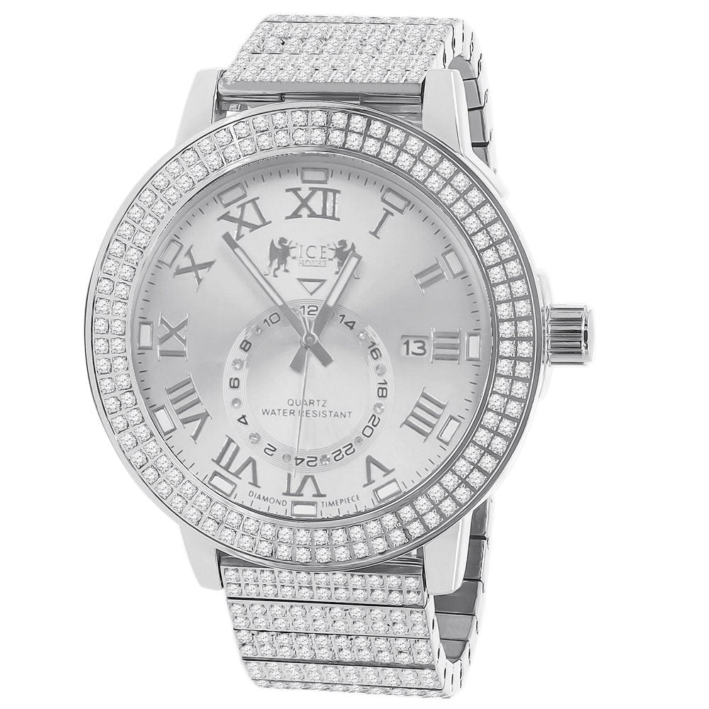 Men's Full Solid Stainless Steel Real Diamond Dial 18K White Gold Finish 5 ATM Water Resistant Custom Luxury Watch W/Date Function Big 54mm
