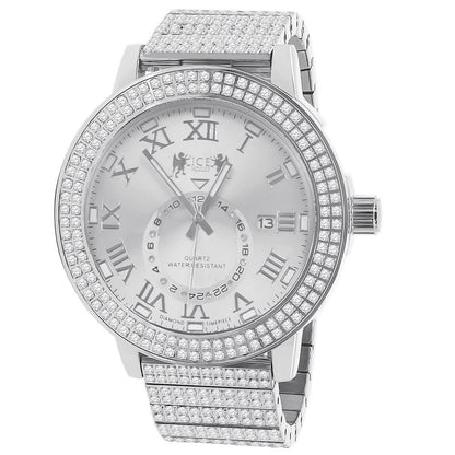 Men's Full Solid Stainless Steel Real Diamond Dial 18K White Gold Finish 5 ATM Water Resistant Custom Luxury Watch W/Date Function Big 54mm
