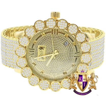 18K Yellow Gold Finish Roman Face Micro Pave Cluster Flower Bezel Full Iced Out 10 Row Band Genuine Dial Diamonds Analog Custom Watch W/Date
