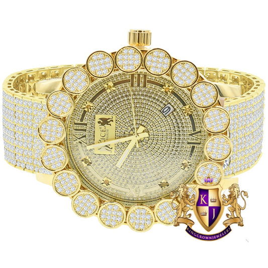 18K Yellow Gold Finish Roman Face Micro Pave Cluster Flower Bezel Full Iced Out 10 Row Band Genuine Dial Diamonds Analog Custom Watch W/Date