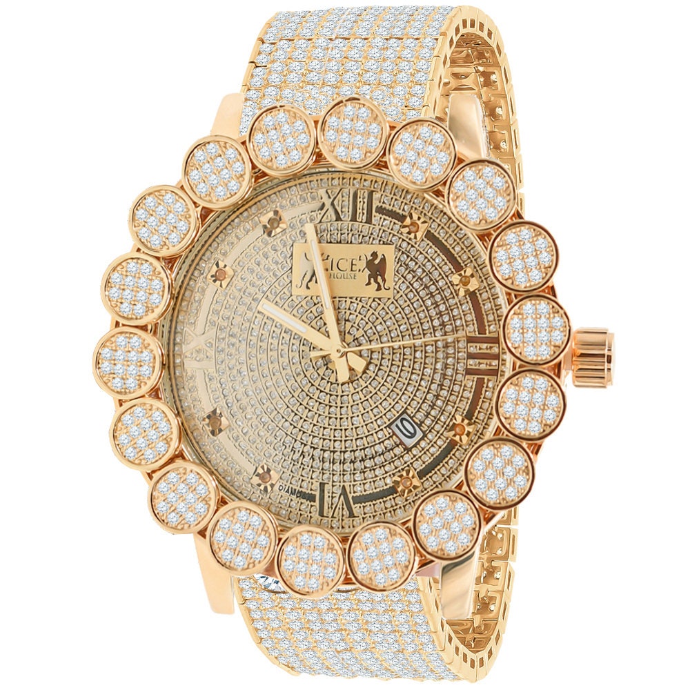 18K Rose Gold Finish Roman Dial Micro Pave Cluster Flower Bezel Full Iced Out 10 Row Band Genuine Dial Diamonds Analog Custom Watch W/Date