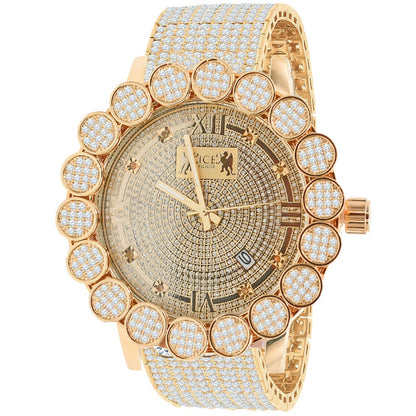 18K Rose Gold Finish Roman Dial Micro Pave Cluster Flower Bezel Full Iced Out 10 Row Band Genuine Dial Diamonds Analog Custom Watch W/Date
