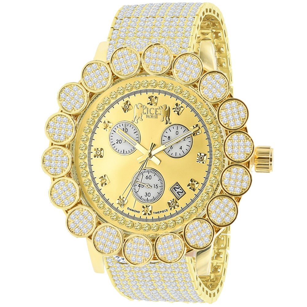 Men's 18K Yellow Gold Finish Micro Pave Cluster Flower Bezel Full Iced Out 10 Row Band Genuine Dial Diamonds Solid  Steel Back Watch W/Date
