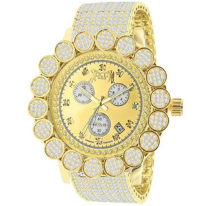 Men's 18K Yellow Gold Finish Micro Pave Cluster Flower Bezel Full Iced Out 10 Row Band Genuine Dial Diamonds Solid  Steel Back Watch W/Date