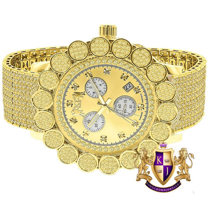 Canary Men's 18K Gold Finish Micro Pave Cluster Flower Bezel Iced Out 10 Row Band Genuine Dial Diamonds Solid Steel Back Analog Watch W/Date