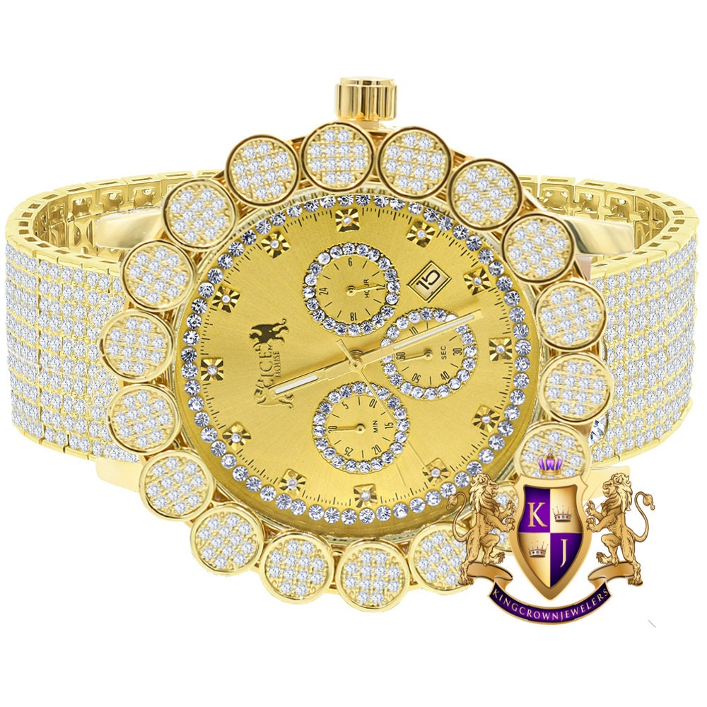 Men's 18K Yellow Gold Finish Micro Pave Cluster Flower Bezel Iced Out 10 Row Band Genuine Dial Diamonds Solid Steel Back Analog Watch W/Date