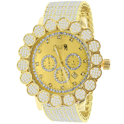 Men's 18K Yellow Gold Finish Micro Pave Cluster Flower Bezel Iced Out 10 Row Band Genuine Dial Diamonds Solid Steel Back Analog Watch W/Date
