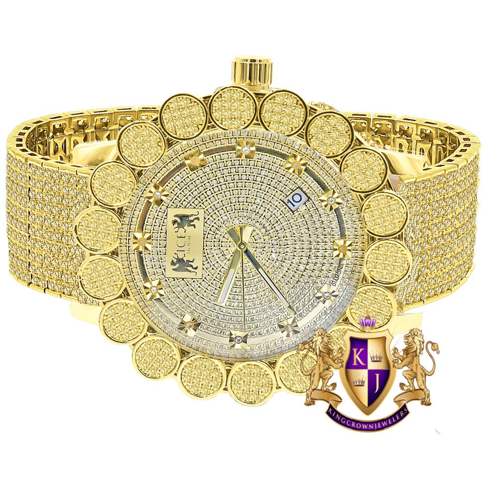 Yellow Canary Mens 18K Gold Finish Micro Pave Cluster Flower Bezel Full Iced 10 Row Band Genuine Dial Diamond Analog Custom Watch W/Date