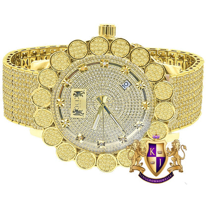 Yellow Canary Mens 18K Gold Finish Micro Pave Cluster Flower Bezel Full Iced 10 Row Band Genuine Dial Diamond Analog Custom Watch W/Date