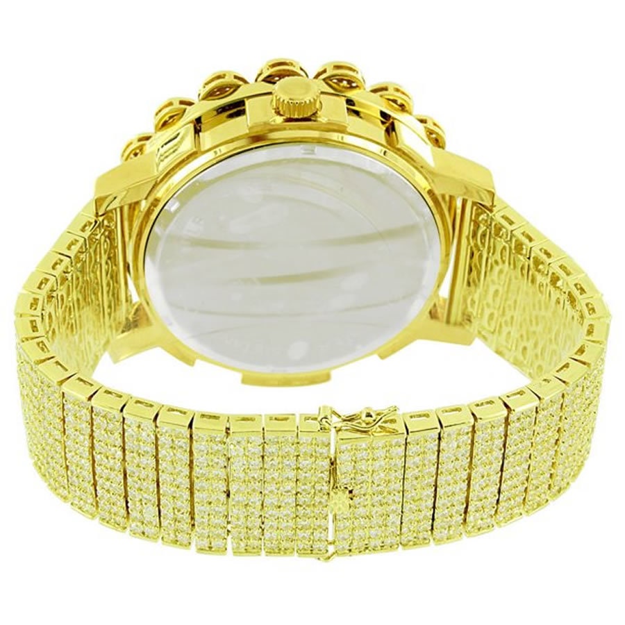 Yellow Canary Mens 18K Gold Finish Micro Pave Cluster Flower Bezel Full Iced 10 Row Band Genuine Dial Diamond Analog Custom Watch W/Date