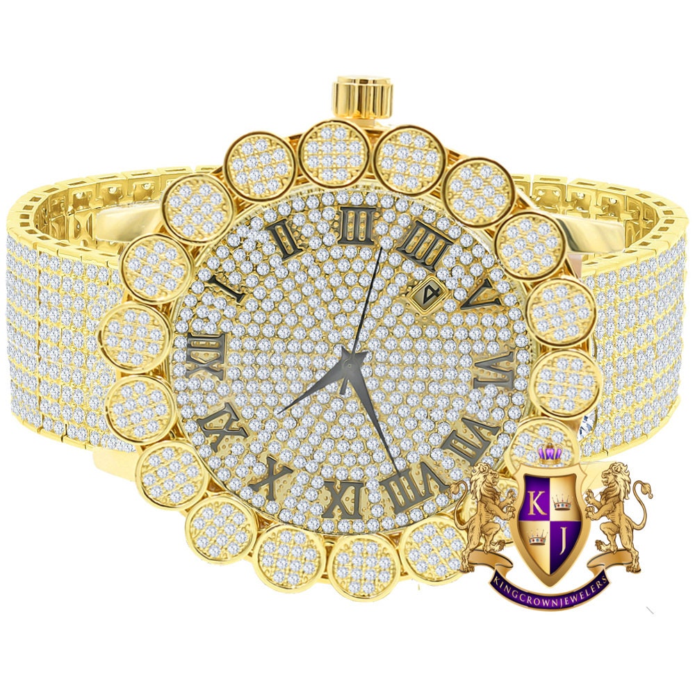 Roman Face 18K Yellow Gold Finish  Micro Pave Cluster Flower Bezel Full Iced Out 10 Row Band Genuine Dial Diamond Analog Custom Watch W/Date