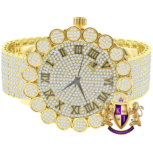 Roman Face 18K Yellow Gold Finish  Micro Pave Cluster Flower Bezel Full Iced Out 10 Row Band Genuine Dial Diamond Analog Custom Watch W/Date